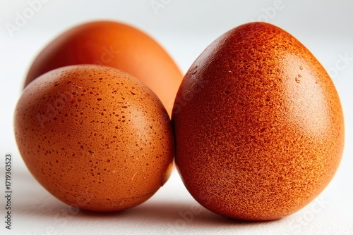 Three brown eggs, close-up, on a plain white background