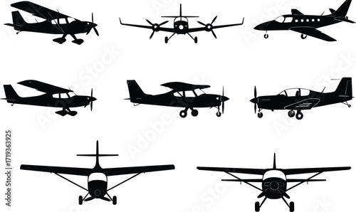 Airplane silhouettes set, small aircraft, aviation icons, single engine plane, twin engine aircraft, jet silhouette, propeller plane, flying vehicle illustration