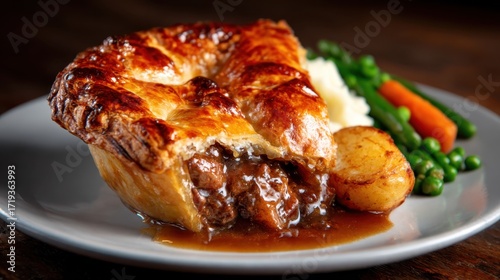 A delectable meat pie served on a plate with sides of mashed potatoes and fresh vegetables, presenting a classic hearty meal that is visually tempting and nutritious.