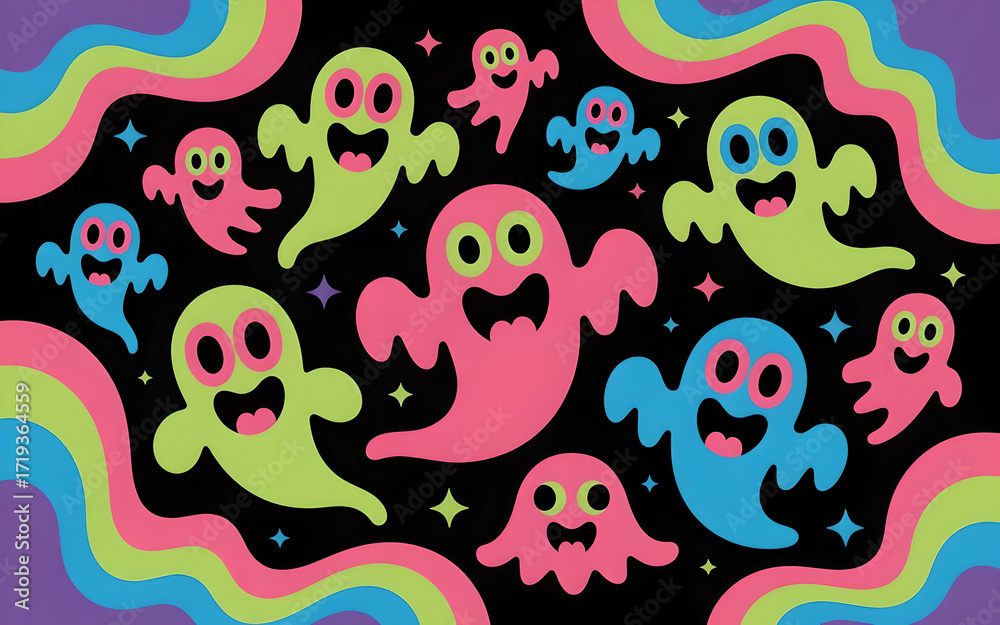 Obraz premium Colorful Neon Ghost Pattern on Black Background Generative AI