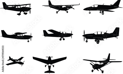 Airplane silhouettes set, small aircraft, aviation icons, single engine plane, twin engine aircraft, propeller plane, jet silhouette, flying vehicle illustration