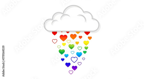A whimsical cloud rains down a vibrant cascade of rainbow hearts, , symbolizing love, diversity, and joyful celebration