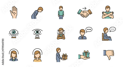 Set of colorful icons representing various human emotions and interactions.