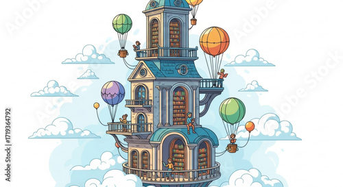 A whimsical cartoon illustration of a towering building adorned with hot air balloons, , evoking a sense of adventure and fantasy