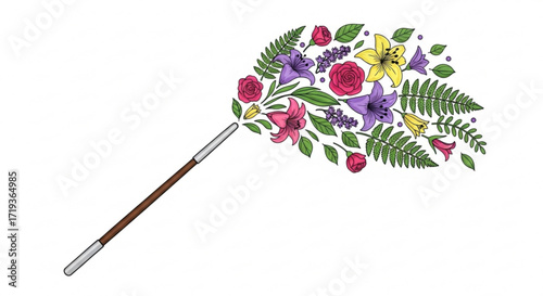 A magical illustration of a wand emitting a burst of colorful flowers and foliage, a symbol of creativity