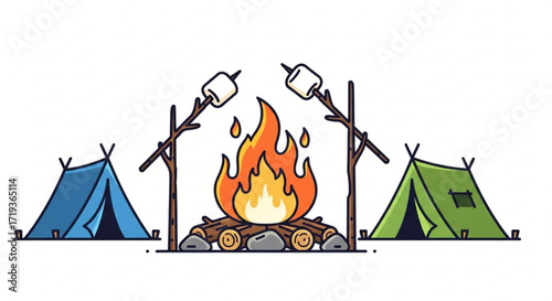 Camping adventure with tents and campfire, roasting marshmallows under the open sky, a perfect outdoor getaway for nature lovers and adventure seekers