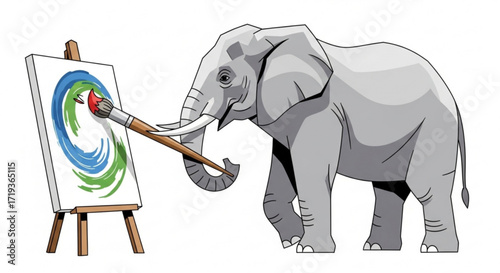An elephant stands at an easel, painting a vibrant, swirling design with a brush, showcasing its artistic talent