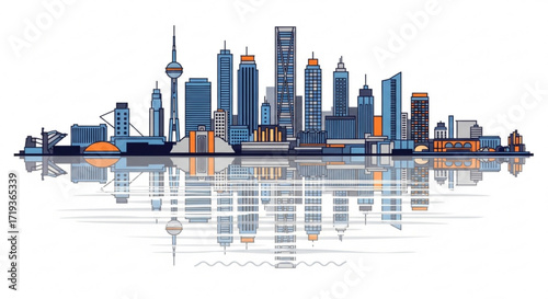 Modern city skyline reflected in water, showcasing architectural diversity and urban landscape in a stylized illustration