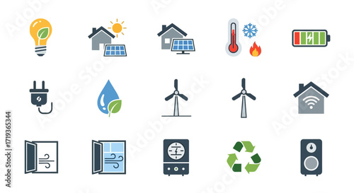 Set of eco-friendly energy icons representing sustainability and renewable resources.