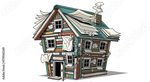 Whimsical dilapidated house, featuring a quirky and rundown structure with unique architectural details and playful design elements