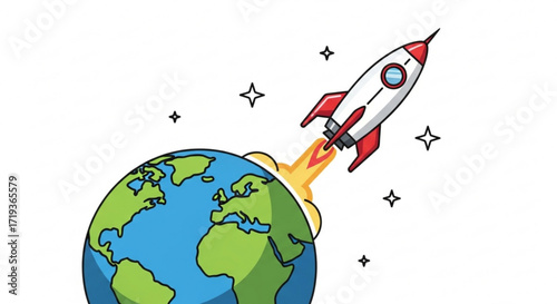 A cartoon rocket ship blasting off from earth, symbolizing space exploration and technological advancement