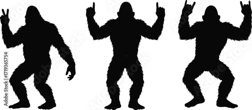 Bigfoot silhouettes set, sasquatch poses, peace sign, pointing gesture, rock on hands, mythical creature, cryptid art, humorous monster illustration