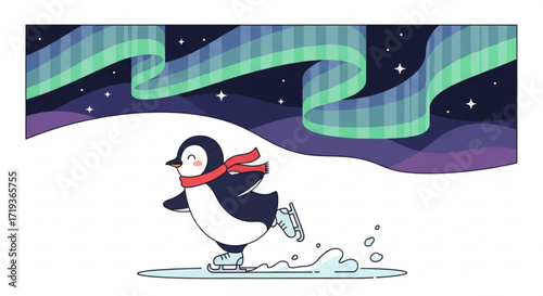 A cute penguin with a red scarf is ice skating under the mesmerizing aurora borealis, creating a charming winter scene