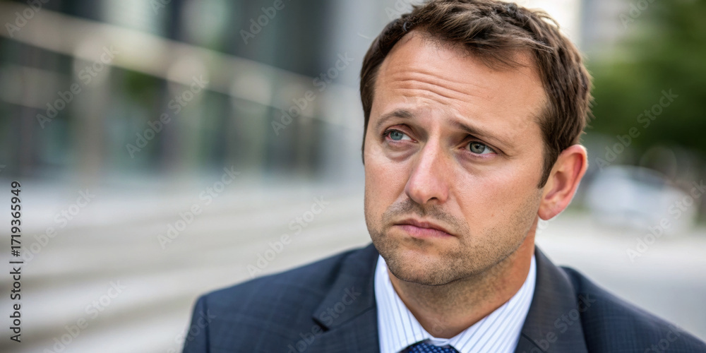 Fototapeta premium Worried businessman feels anxious about real estate market during financial recession. sad and depressed man is stressed thinking about his future outside