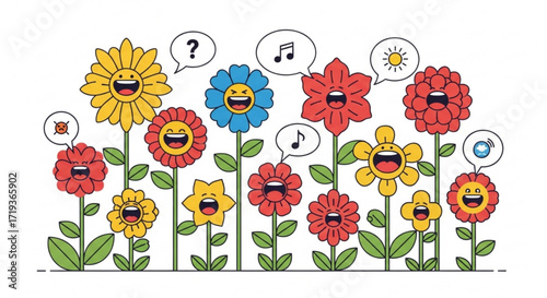 Cartoon flowers with various expressions, such as happiness, curiosity, and musicality, creating a cheerful and whimsical floral arrangement