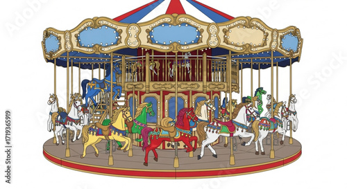 A classic carousel with colorful horses and ornate details, evoking a sense of nostalgia and childhood joy, a whimsical scene