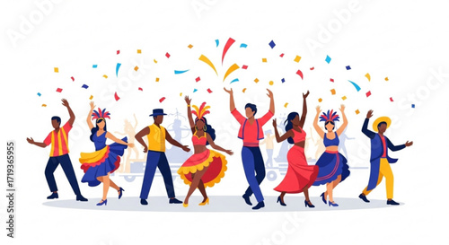 A vibrant group of people celebrating with colorful confetti, showcasing a festive and joyful atmosphere