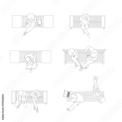 Vector top view people sitting on benches, urban park CAD illustration set