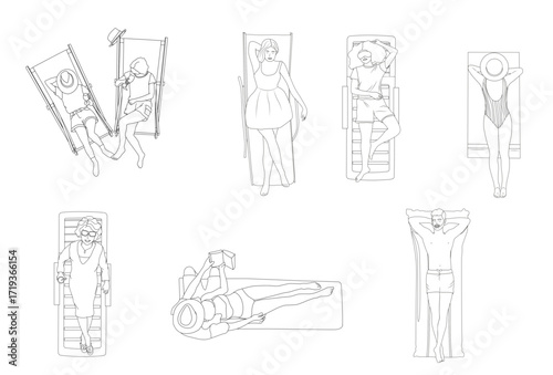 Vector top view people on sun loungers relaxing, reading, drinking and sunbathing, CAD illustration set
