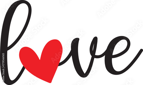 The word "love" written in a flowing script with a red heart replacing the "o".