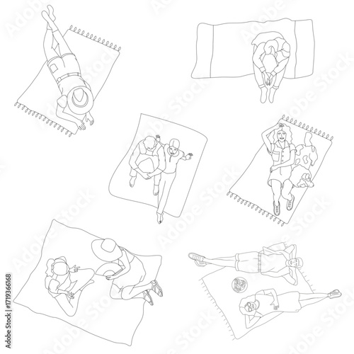 Vector top view people relaxing on picnic blankets, couples and individuals lying down, CAD illustration set