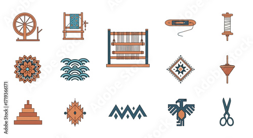 Set of Traditional Weaving and Spinning Craft Tool Icons.