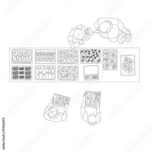 Vector overhead view of people at street market, walking, shopping and carrying goods, CAD blocks set