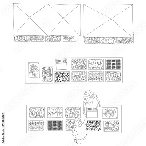 Vector top view people shopping at market, walking with bags, CAD illustration set