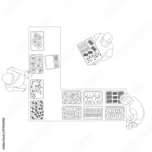 Vector overhead view of people at street market, walking, shopping and carrying goods, CAD blocks set