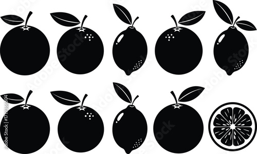 Black and white citrus fruit silhouettes, orange lemon vector clipart, tropical fruit icons, healthy food illustration, botanical artwork, citrus design elements