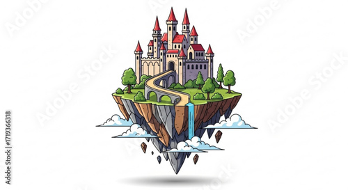 Fantasy castle on a floating island with waterfall, bridge, and trees, pixel art illustration of a magical kingdom