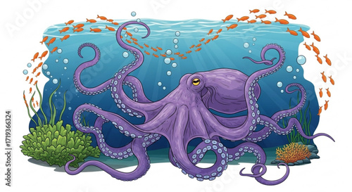 A majestic octopus swimming in the ocean, surrounded by fish and bubbles, a captivating underwater scene