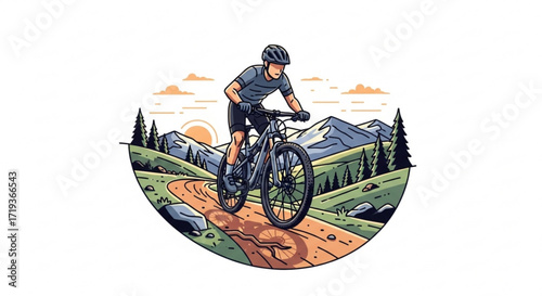 A mountain biker riding on a trail through a scenic landscape with mountains and trees