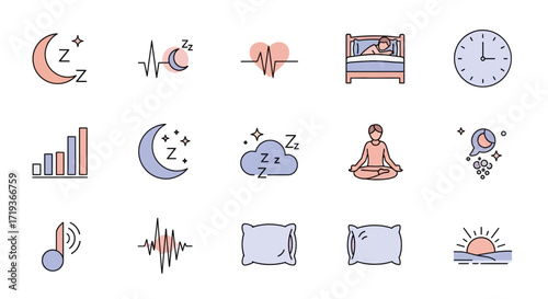 Sleep and Relaxation Icons Representing Restful Activities and Health.