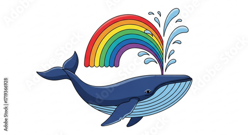 A charming cartoon whale spouts a vibrant rainbow, , creating a whimsical and colorful scene full of joy and wonder