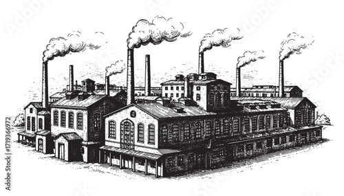 factory building engraving vector style