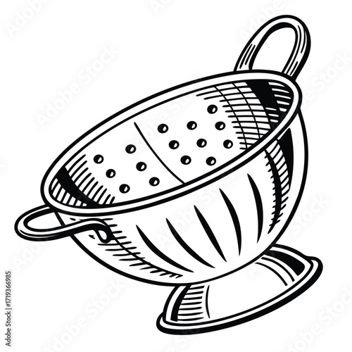 Black and white drawing showcases a detailed vintage colander with visible perforations and a sturdy handle