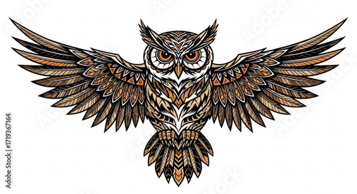 An intricate drawing of an owl with outstretched wings, showcasing detailed feather patterns