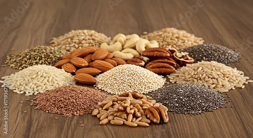 Nuts Seeds And Grains Pile Fresh Raw Selection on Wooden Background
