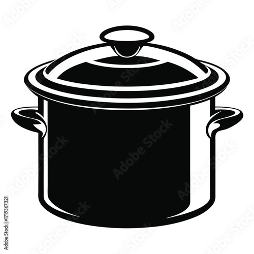 A stark monochrome drawing features a lidded pot with curved handles and elegant rim detail