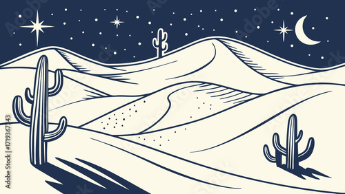 Serene desert landscape under a starry night sky, with cacti silhouetted against rolling dunes, evoking tranquility and adventure, originally a vector graphic