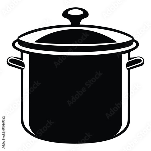 Black cooking pot with lid rests peacefully, outlined in white, ready for culinary creations
