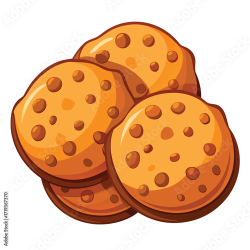 Stacked fresh baked cookies with multiple chocolate chips are shown on white background