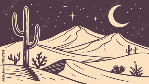 Serene desert night landscape with cactus, mountains, and moonlight, perfect for travel, adventure, and nature-themed designs, originally from vector art