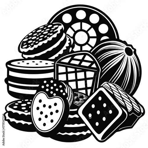 Black and white dessert assortment features a cupcake, pie, tart, and biscuit confection