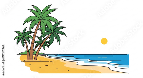 A serene tropical beach scene with palm trees, golden sand, and gentle waves, capturing the essence of a relaxing vacation