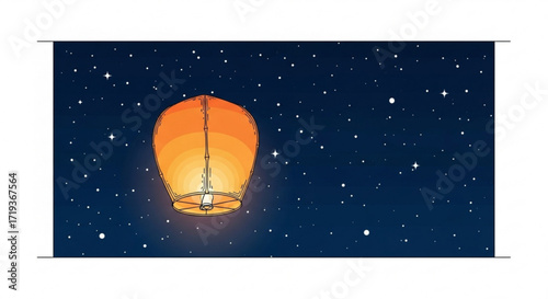 A glowing sky lantern floats upwards into the night sky, surrounded by twinkling stars, creating a magical and festive atmosphere