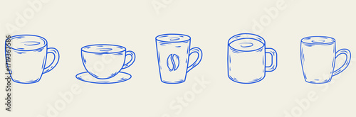 A set of hand-drawn coffee cup. Monochrome blue ink outline vector icons.