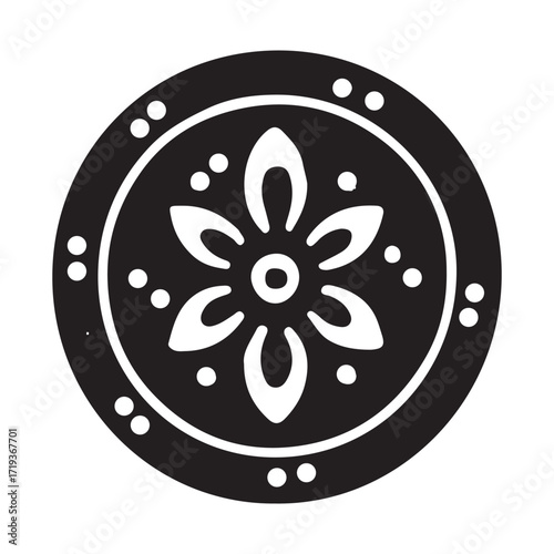 Black and white vector illustration of a round steel car wheel brake disc ornament with 3D design