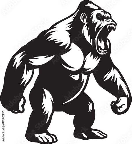Roaring gorilla with clenched fists, bold black style
